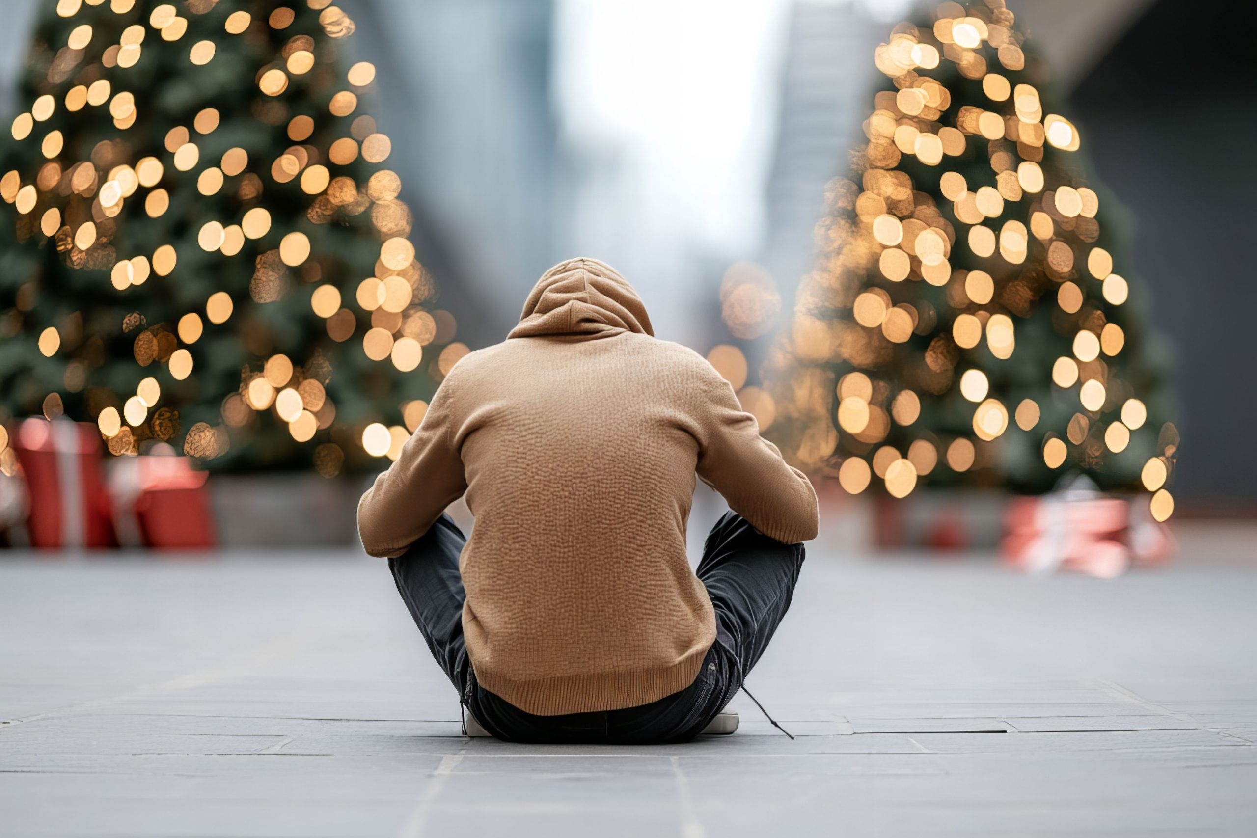A man sits on the ground in front of a Christmas tree